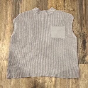 Rib Knit Sleeveless Pullover with Chest Pocket - Light Beige